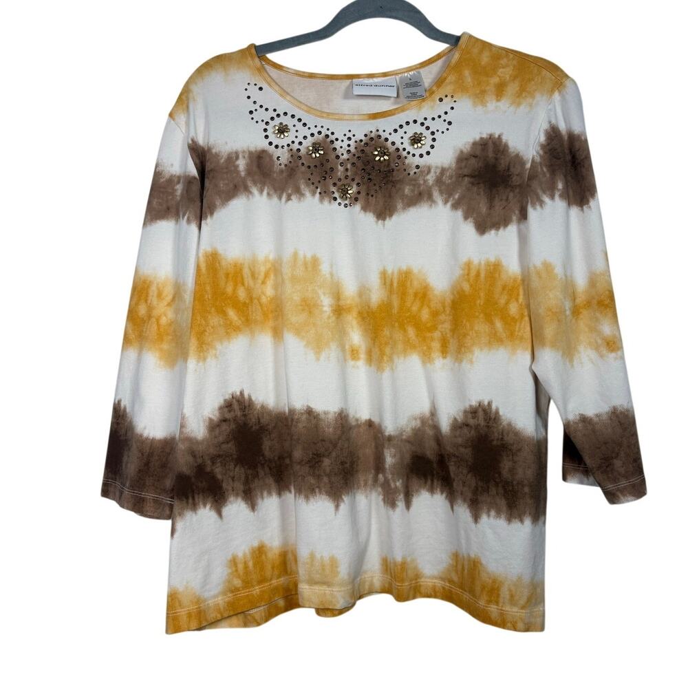 Alfred Dunner Tie Dye Embellished Top Brown Yellow Studded Boho Blouse Large